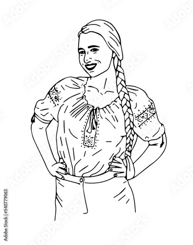 Sketch of a Ukrainian woman in an embroidered shirt. National dress of Ukraine.