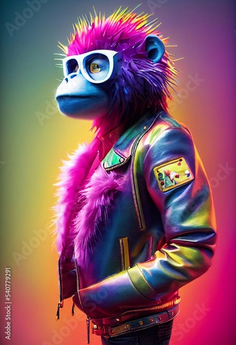 Antropomorphic old huge monkey dressed in leather jacket looks like pop star photo