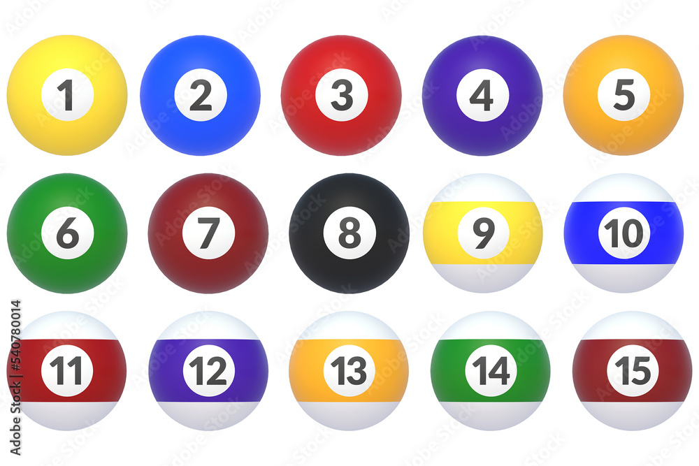 Set of billiard balls isolated on white background. 3d render Set of billiard balls isolated on white background. 3d render