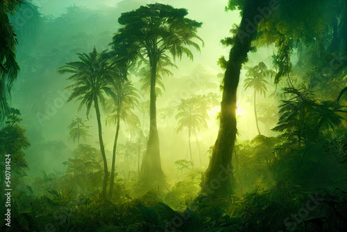 Illustration of green prehistoric jungle with lush vegetation photo