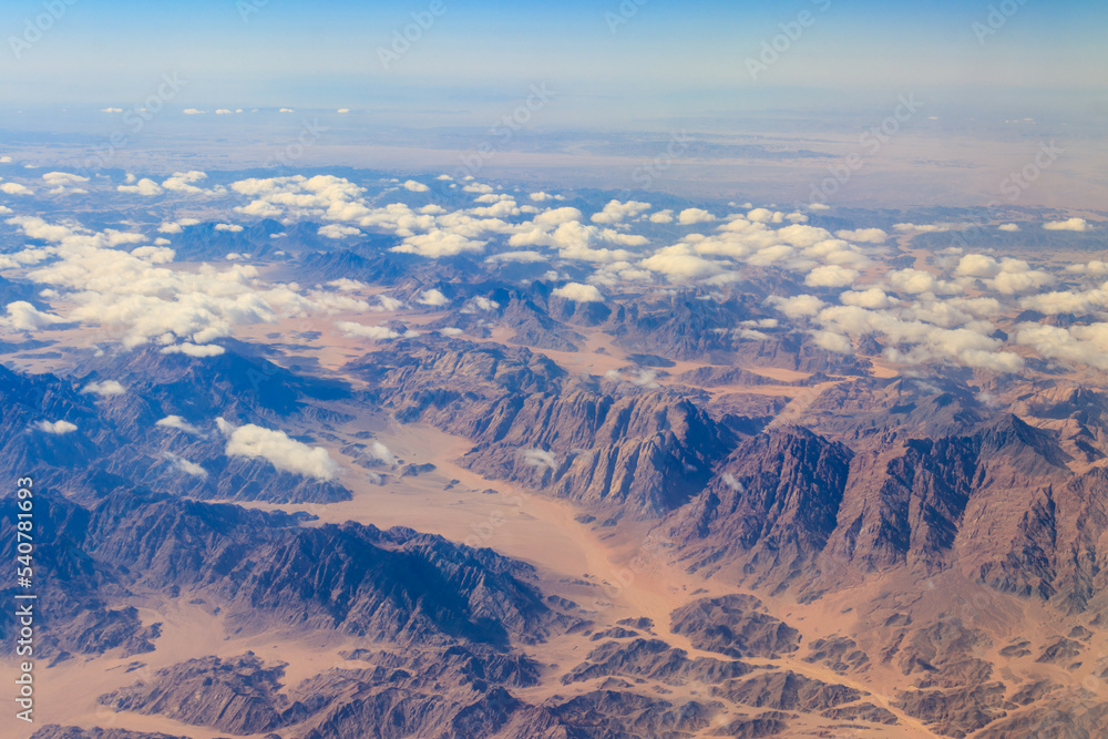 View of the Sinai mountains and desert in Egypt. View from a plane