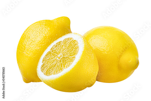 Lemon isolated on white or transparent background.  Three lemon fruits whole and cut half