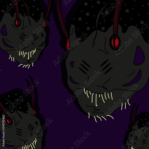 Halloween banner with a scary monster with red eyes, antennae and horns. A terrible monster bug. A giant cockroach.