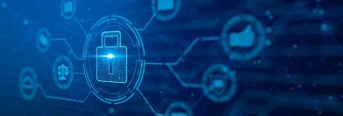 Online cyberspace internet cyberspace law rules rights regulation security lock protection against copyrights misuse conduct, social media private data privacy usage, blue banner background icon