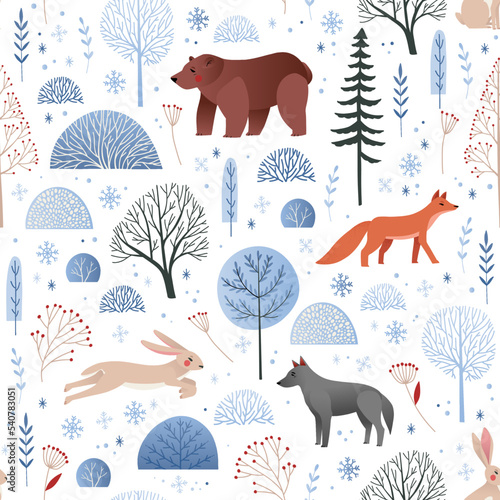 Vector seamless pattern - winter blue forest with fox, bear, rabbit, trees in snow. Fairytale in flat style with gradient. Scandinavian illustration. Perfect for home decor, wrapping paper, fabric