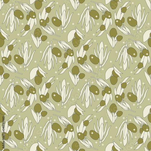 Vector seamless pattern damask ornament. Cartoon style olives and leaves illustration