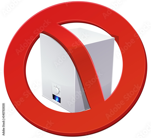 3D gas boiler with the flame of its blue pilot light with the red crossed out round prohibition symbol (cut out)
