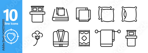 Hotel icon set. Washbasin, bed linen, handkerchief, cotton, hygiene products, bathrobe, towel, cleanliness, hanger. Hotel concept. Vector line icon for business