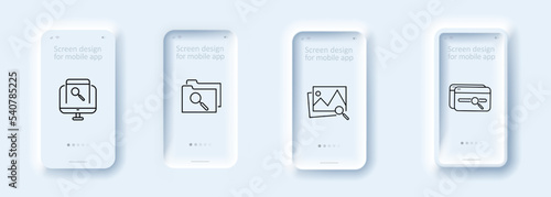 Magnifier icon set. Research. Search engine. Examine. Analysis. Zoom in. Guillotine. Review. Magnifier concept.Neomorphism style. Vector line icon for business