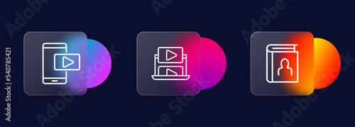 Communication icons set. Video, blog, phone, monitor, notebook, data transfer. Communication concept. Glassmorphism style. Vector line icon for business