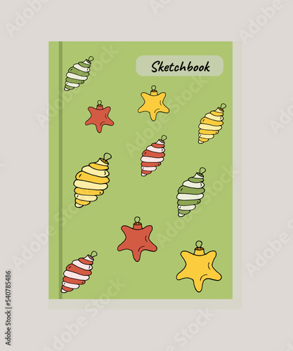 Covers notebook colorful sketchbook with Christmas toys and new year elements vector illustration