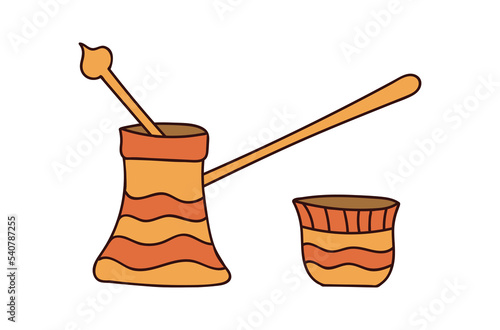 Turkish coffee pot and cup colorful doodle illustration. Turkish coffee pot and cup illustration in vector. Cezve illustration. Copper cezve colorful doodle illustration