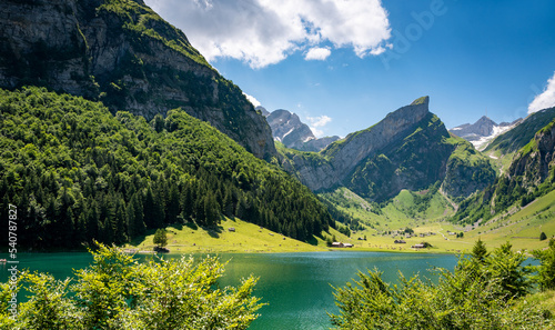 Scenic view of the Seealpsee in Alpstein, Switzerland photo