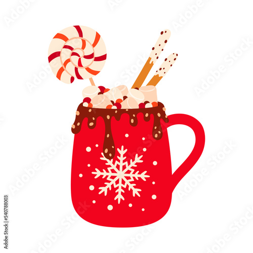 Winter holiday cartoon Christmas cup with chocolate, ice cream and ginger cookies. Santa candy cane and snowflake, lollipop on stick, marshmallow