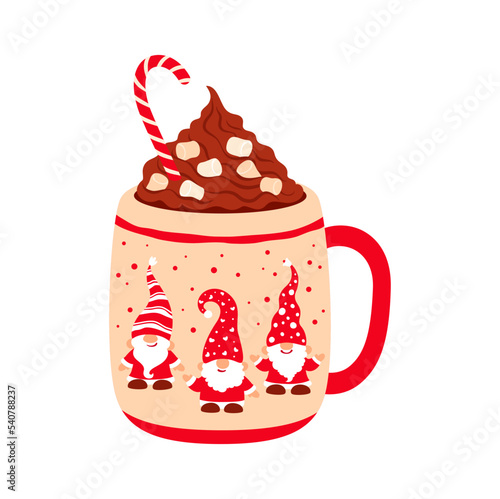 Christmas coffee cup, eggnog drink in mug with funny Xmas gnomes. Vector kitchen crockery with hot chocolate, marshmallow candy cane