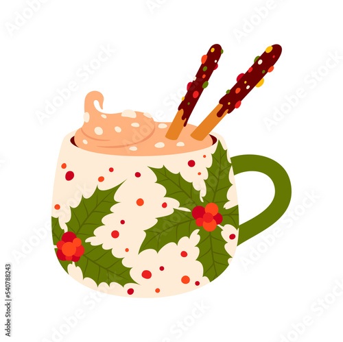 Christmas coffee cup with mistletoe print, mug Xmas kitchen crockery with hot eggnog, whipped cream and chocolate sticks. Ice cream with coffee