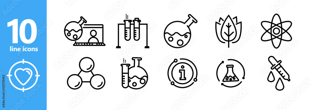 Simple set of chemical related vector line icons showing various ...