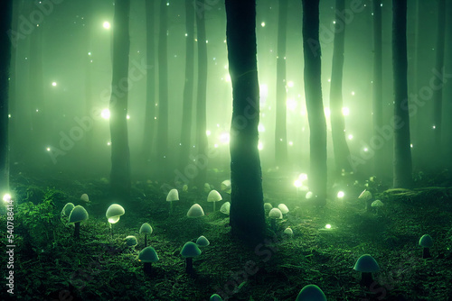 Glowing mushrooms. Magical shimmering mushrooms in a mysterious forest