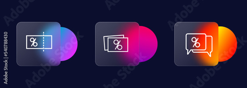 Set of discount icons. Coupon, percentage, message, sale. Glassmorphism style. Vector line icon for business