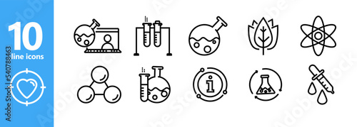 Simple set of chemical related vector line icons showing various experiments . Glassware and molecules. Vector illustration