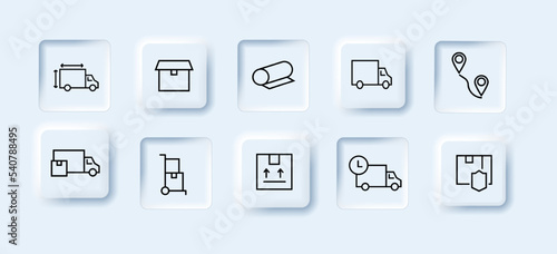 Delivery icons set. Box, car, packaging, trolley, time, speed, protection, path, cut. Delivery concept. Neomorphism style. Vector line icon for business