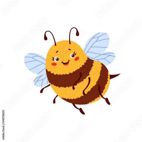 Bee cartoon character isolated cute comic bumblebee or honeybee. Vector flying bee baby with wings, happy flying insect, worker bumblebee