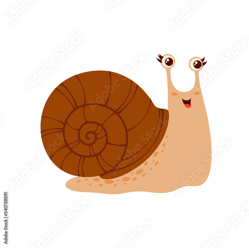Snail cartoon insect, vector funny kids character. Slug funny crawling with shell and eyes. Cute cochlea, mollusk with single spiral shell