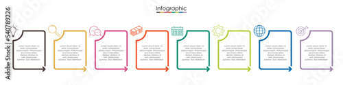 Vector infographic template with eight steps or options. Illustration presentation with line elements icons.  Business concept design can be used for web, brochure, diagram, chart or banner layout.