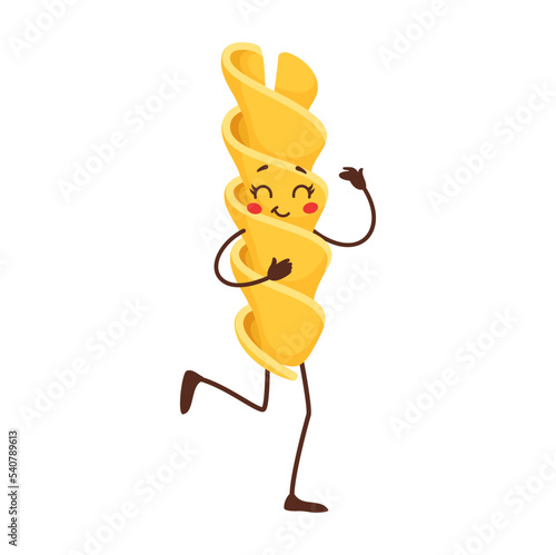 Fussili pasta Eliche spiral pasta of durum wheat semolina cute cartoon character. Vector macaroni Italian food cuisine, Italy dish happy personage