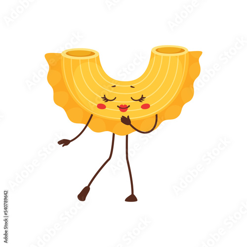 Bucatini pasta, italian macaroni cartoon character. Vector pasta dough, traditional food in Italy cuisine. Cute happy personage of dough