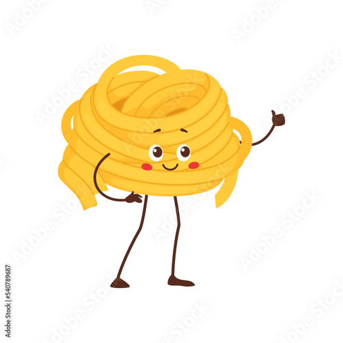 Fettuccine or filini pasta vermicelles cute cartoon character. Vector Spaghetti, Italian cuisine food. Traditional mediterranean meal, raw long noodles