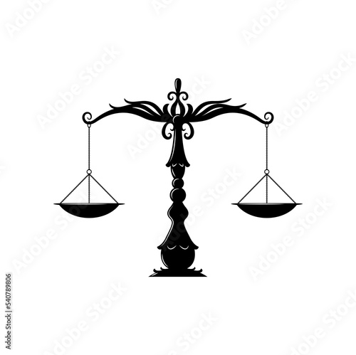 Justice or judicial law balance scale icon, isolated vintage weight scales, retro judgment and punishment, equality sign. Vector law and notary equilibrium