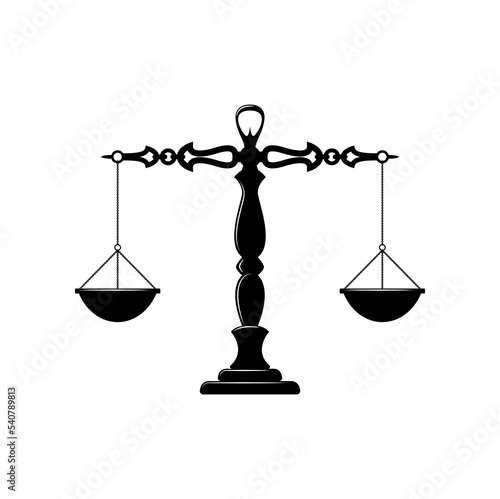Themis scale of justice isolated sign of dual balance. Vector court, law and notary scales on decorative stand. Trust and guilt measuring device
