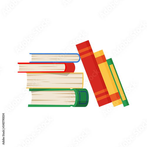 Pile of books in color hardcovers flat cartoon business textbooks, encyclopedias heap. Vector studying and knowledge materials, bestsellers bookstore object