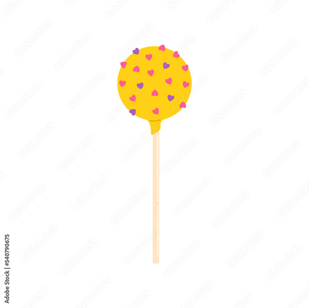 Yellow glaze cake pop, vector lollipop candy on stick with sprinkles. Vector chocolate dessert food, lolly with cream, delicious sweet cake Yellow glaze cake pop, vector lollipop candy on stick with sprinkles. Vector chocolate dessert food, lolly with cream, delicious sweet cake
