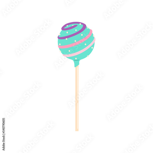 Realistic cake pop, vector lollipop candy, chocolate dessert food. Vector lolly with cream topping and swirls, delicious sweet cake on stick