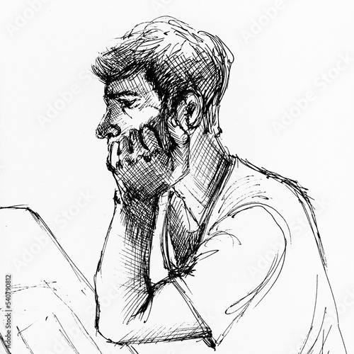 Sketch of young thoughtful guy with hand under chin, drawing by hands with black ink on white paper.