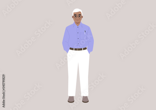 A senior male character standing with hands in their pockets, casual business lifestyle