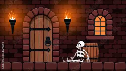 Door in the castle room with torches and a skeleton by the barrel. Vector