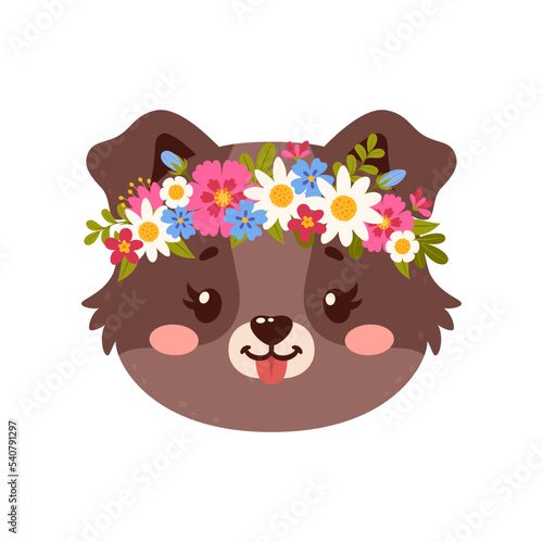 Dog cute animal with flower crown, cartoon face of funny puppy, happy character. Vector animal head wearing floral wreath, funny smiling dog
