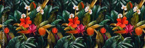 Exotic jungle full of large flowers and fruits. Seamless floral background. Repeat pattern for fabrics, wallpapers, wrappers, greeting cards, wedding invitations, banners, web. 3d illustration