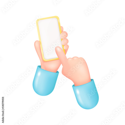 3D Hands Holding Gold Smartphone Isolated on White Background. Cartoon Device Mockup. Man Holding Telephone with White Screen. Touching Screen with Finger. Realistic Vector Illustration