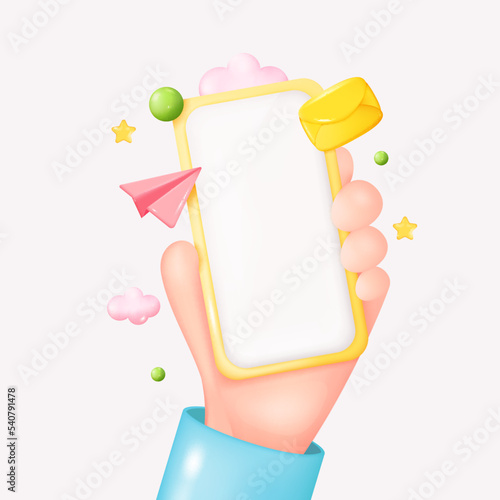 3D Hand Holding Gold Smartphone Banner. Cartoon Device Mockup. Man Holding Telephone with White Screen. Realistic Vector Illustration. Social Media Communication Concept