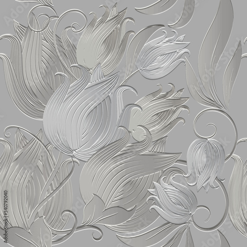 3d floral lines seamless pattern. Textured beautiful tulip flowers relief background. Repeat emboss light backdrop. Surface line art leaves. 3d tulips flowers endless ornaments with embossing effect
