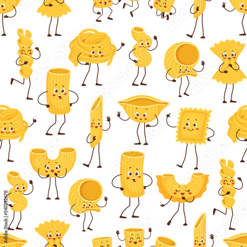 Cartoon pasta characters seamless pattern with happy italian macaroni food. Vector background with cute personages of penne, fusilli, noodle and farfalle, ravioli, rigatoni and conchiglie pasta