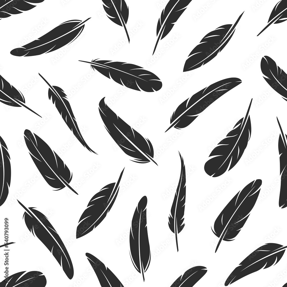 Black feathers seamless pattern. Quills of black goose or swan bird plumage vector background. Animal print with feather silhouettes for nature backdrop or fashion fabric, literature and poetry themes Black feathers seamless pattern. Quills of black goose or swan bird plumage vector background. Animal print with feather silhouettes for nature backdrop or fashion fabric, literature and poetry themes