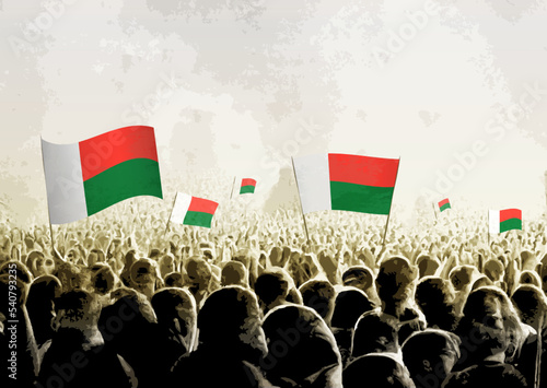 Crowd with the flags of Madagascar, people cheering national team of Madagascar. Ai generated illustration of crowd.
