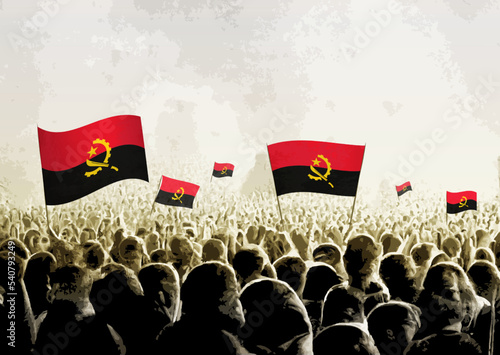 Crowd with the flags of Angola, people cheering national team of Angola. Ai generated illustration of crowd. photo