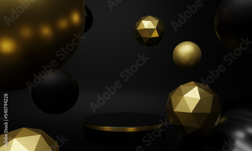 Abstract background. Template with 3D elements. Design with geometric shapes of gold and black color