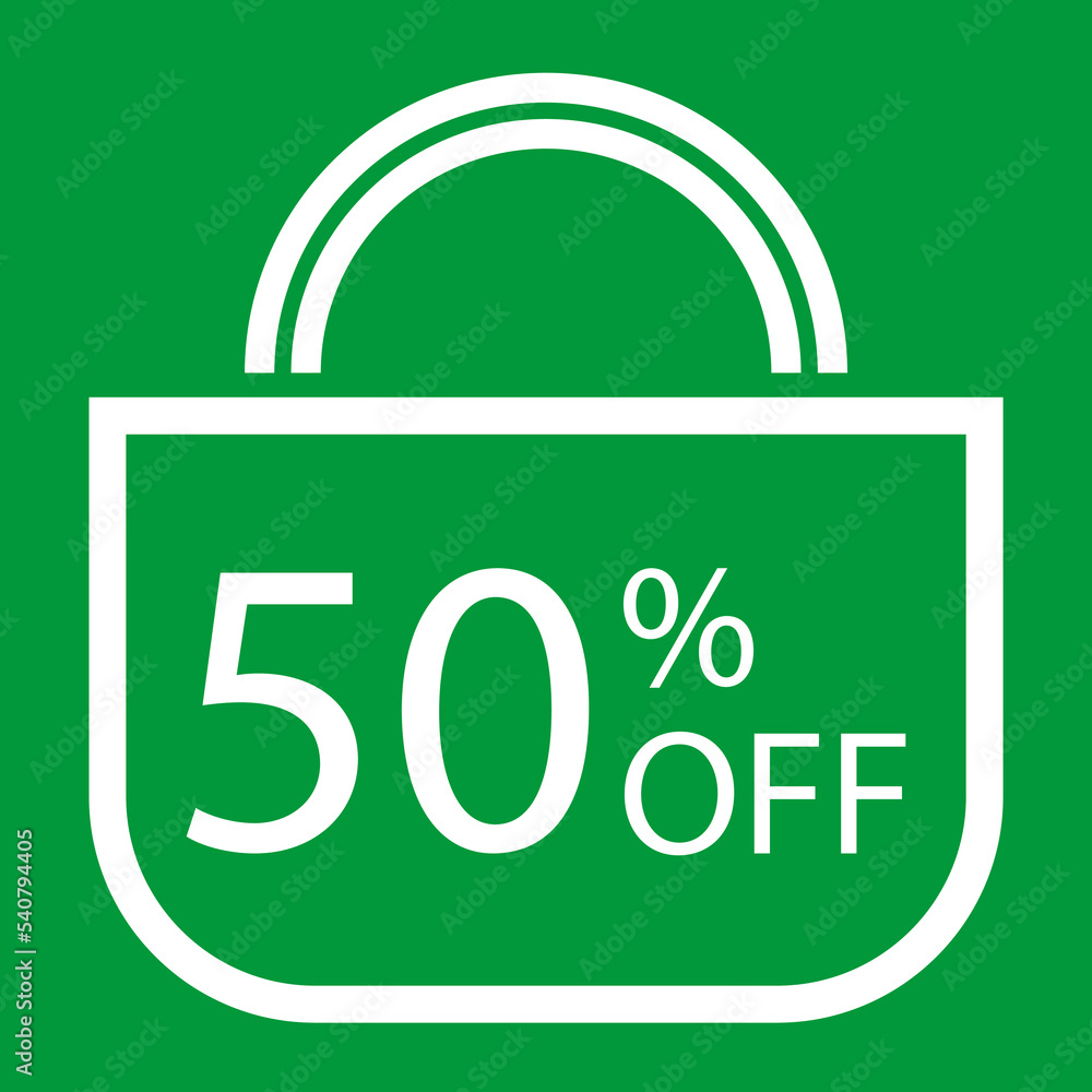 50 percent off. Green banner with shopping bag illustration. 50 percent off. Green banner with shopping bag illustration.